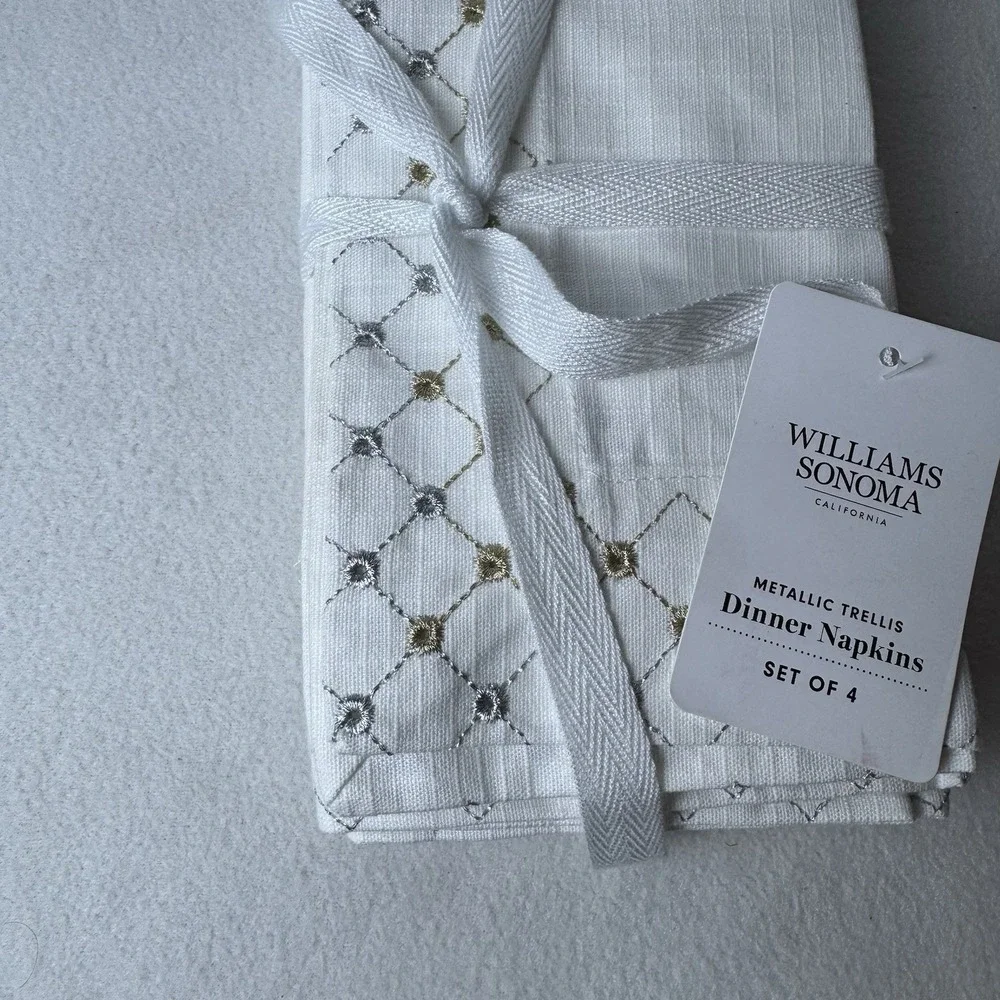 Williams Sonoma Metallic Trellis Dinner Napkins Set Of 4 Gold Silver White READ